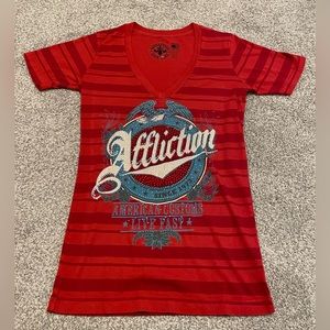 New Affliction American Customs Women's Size M Red Striped Graphic Tee Shirt